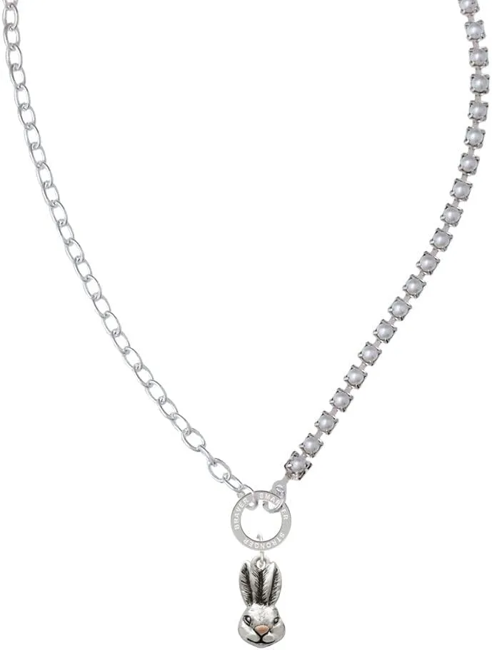 Delight Jewelry Antiqued Bunny Head Stronger Braver Smarter Mixed Cable and Imitation Pearl Chain Choker Necklace, 14.75-17"
