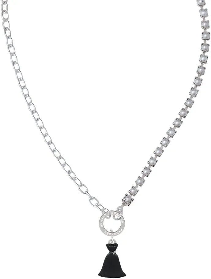 Delight Jewelry Black Dress Stronger Braver Smarter Mixed Cable and Imitation Pearl Chain Choker Necklace, 14.75-17"