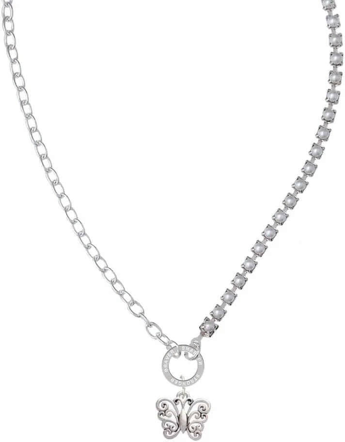 Delight Jewelry Filigree Curls Butterfly Stronger Braver Smarter Mixed Cable and Imitation Pearl Chain Choker Necklace, 14.75-17"