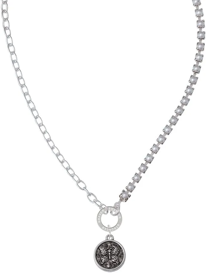 Delight Jewelry Silvertone Antiqued Round Seal - Butterfly Stronger Braver Smarter Mixed Cable and Imitation Pearl Chain Choker Necklace, 14.75-17"