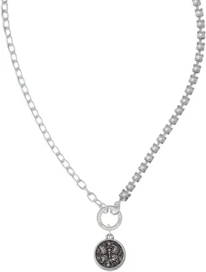 Delight Jewelry Silvertone Antiqued Round Seal - Butterfly Stronger Braver Smarter Mixed Cable and Imitation Pearl Chain Choker Necklace, 14.75-17"