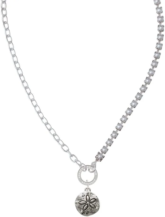 Delight Jewelry Silvertone Antiqued Sand Dollar Stronger Braver Smarter Mixed Cable and Imitation Pearl Chain Choker Necklace, 14.75-17"