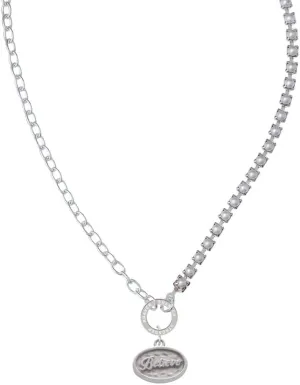 Delight Jewelry Silvertone Believe - Oval Seal Stronger Braver Smarter Mixed Cable and Imitation Pearl Chain Choker Necklace, 14.75-17"