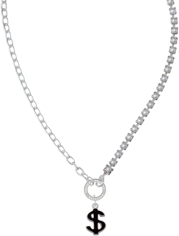 Delight Jewelry Silvertone Black Dollar Sign Stronger Braver Smarter Mixed Cable and Imitation Pearl Chain Choker Necklace, 14.75-17"