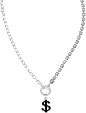 Delight Jewelry Silvertone Black Dollar Sign Stronger Braver Smarter Mixed Cable and Imitation Pearl Chain Choker Necklace, 14.75-17"