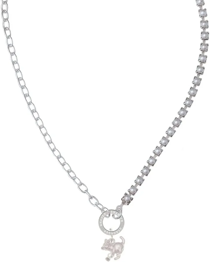 Delight Jewelry Silvertone Cat with Yarn Stronger Braver Smarter Mixed Cable and Imitation Pearl Chain Choker Necklace, 14.75-17"