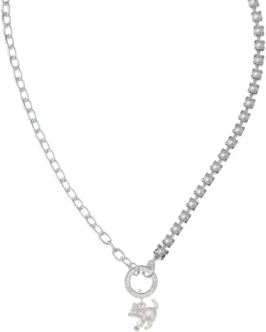 Delight Jewelry Silvertone Cat with Yarn Stronger Braver Smarter Mixed Cable and Imitation Pearl Chain Choker Necklace, 14.75-17"