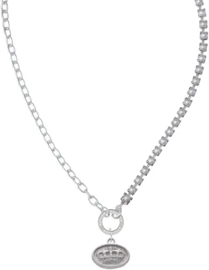 Delight Jewelry Silvertone Crown - Oval Seal Stronger Braver Smarter Mixed Cable and Imitation Pearl Chain Choker Necklace, 14.75-17"