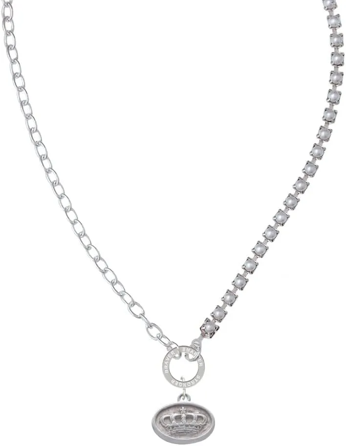 Delight Jewelry Silvertone Crown - Oval Seal Stronger Braver Smarter Mixed Cable and Imitation Pearl Chain Choker Necklace, 14.75-17"