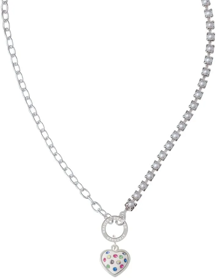 Delight Jewelry Silvertone White Resin Heart with Spring Crystals Stronger Braver Smarter Mixed Cable and Imitation Pearl Chain Choker Necklace, 14.75-17"