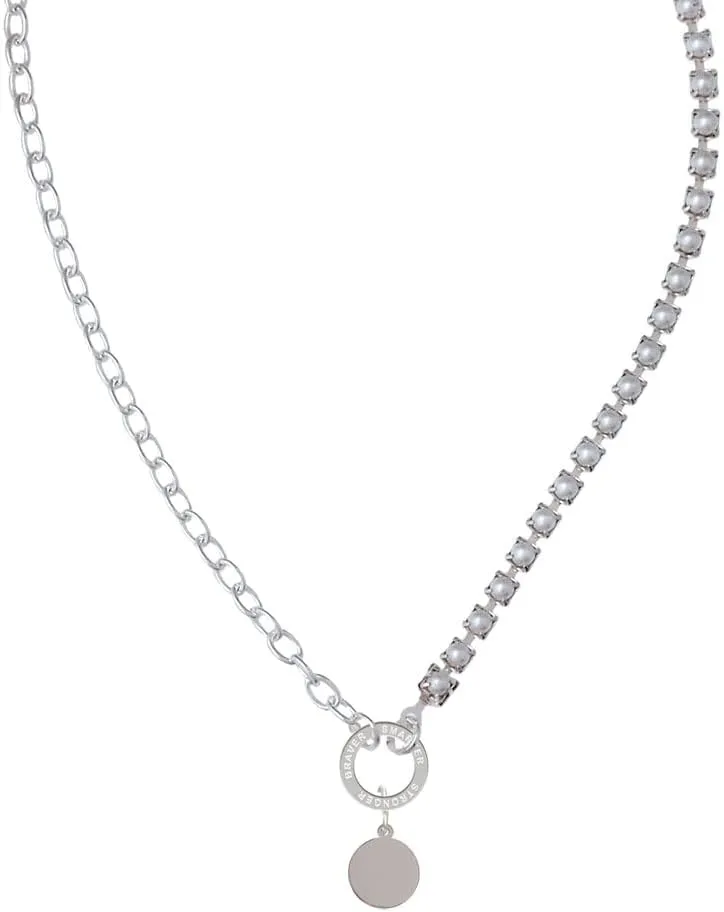 Delight Jewelry Stainless Steel 10mm Disc - Stronger Braver Smarter Mixed Cable and Imitation Pearl Chain Choker Necklace, 14.75-17"