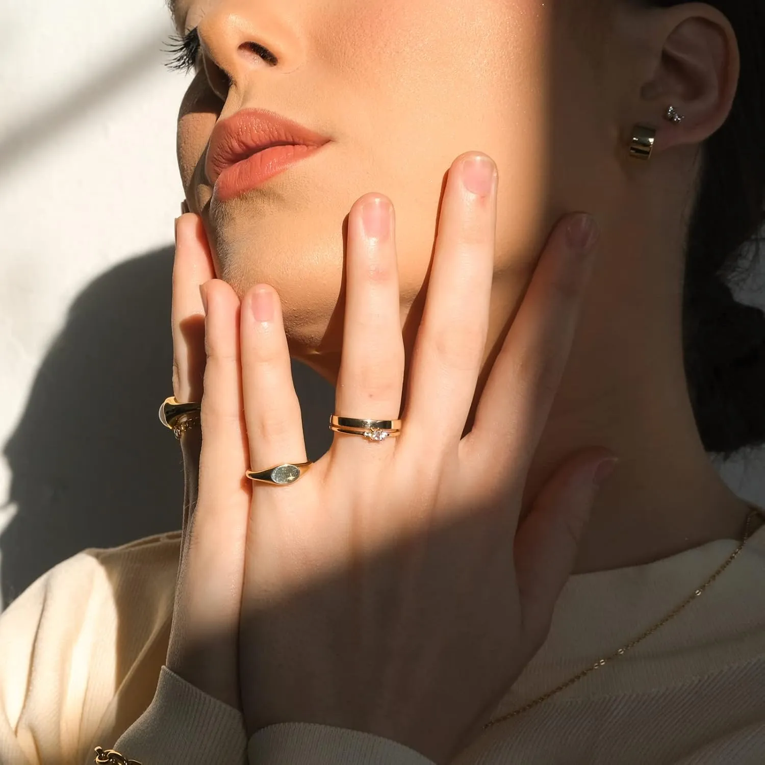 espere 18K Gold Plated Square Signet Pinky Ring Dainty North Star Oval Signet Ring | Lightweight Thick Statement Rings for Women