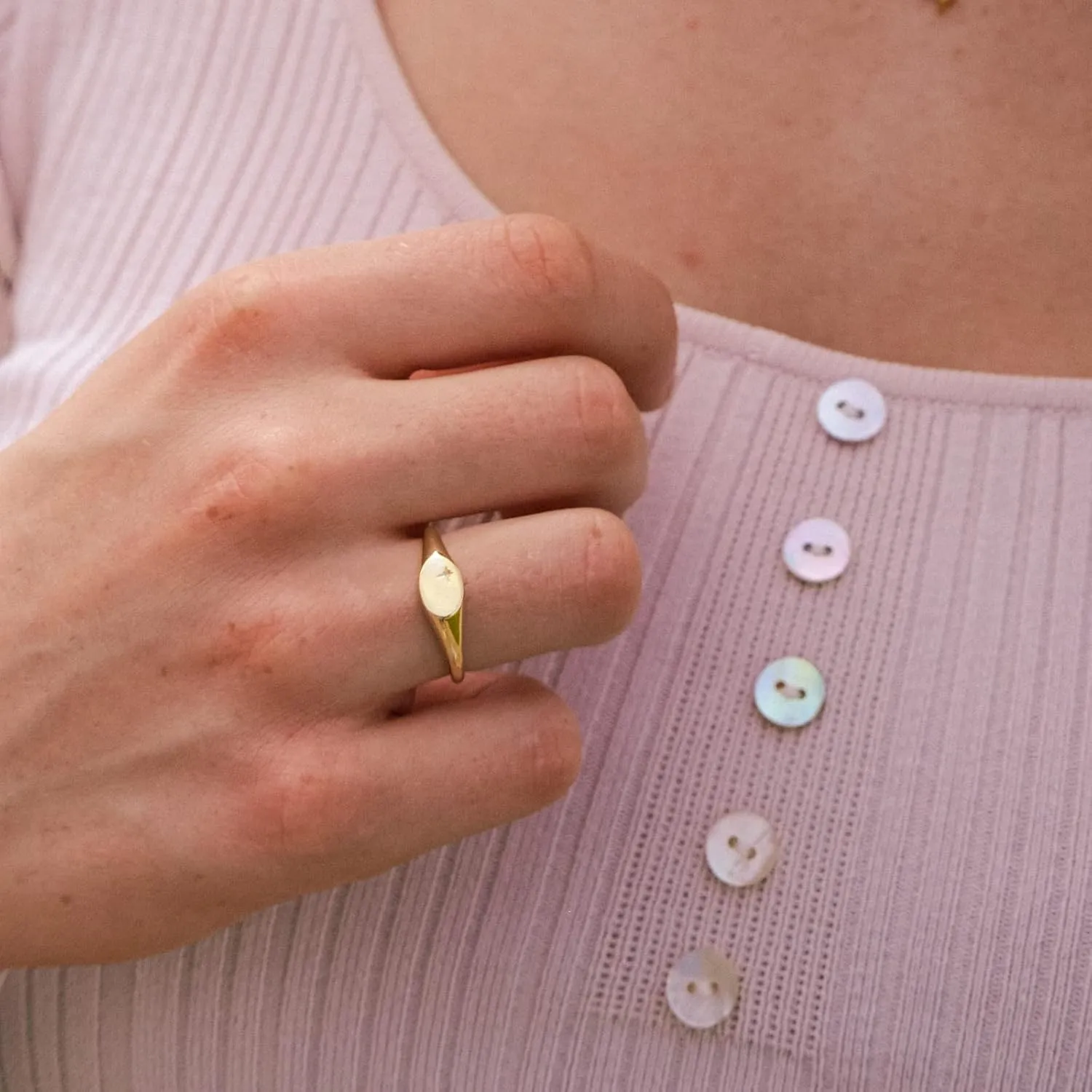 espere 18K Gold Plated Square Signet Pinky Ring Dainty North Star Oval Signet Ring | Lightweight Thick Statement Rings for Women