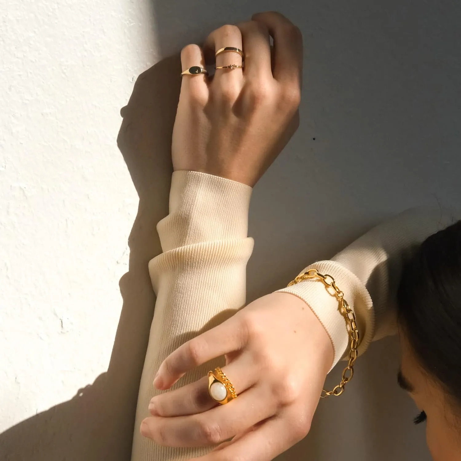 espere 18K Gold Plated Square Signet Pinky Ring Dainty North Star Oval Signet Ring | Lightweight Thick Statement Rings for Women
