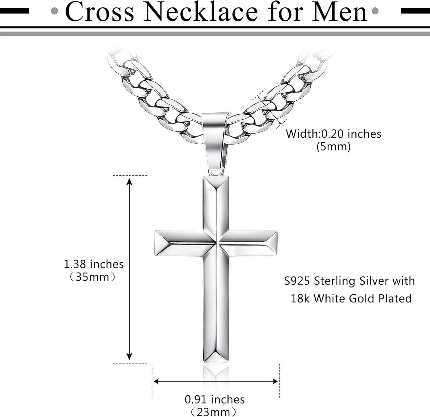 Fansilver 925 Sterling Silver Cross Pendant Necklace Diamond-Cut Cuban Link Chain Necklace Highly Polished Beveled Edge Cross Chain Necklace Silver Cross Necklace for Men Women 18-30 Inches