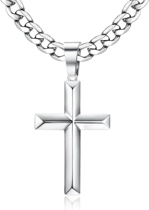Fansilver 925 Sterling Silver Cross Pendant Necklace Diamond-Cut Cuban Link Chain Necklace Highly Polished Beveled Edge Cross Chain Necklace Silver Cross Necklace for Men Women 18-30 Inches