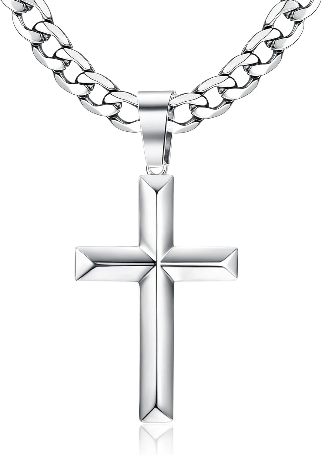 Fansilver 925 Sterling Silver Cross Pendant Necklace Diamond-Cut Cuban Link Chain Necklace Highly Polished Beveled Edge Cross Chain Necklace Silver Cross Necklace for Men Women 18-30 Inches