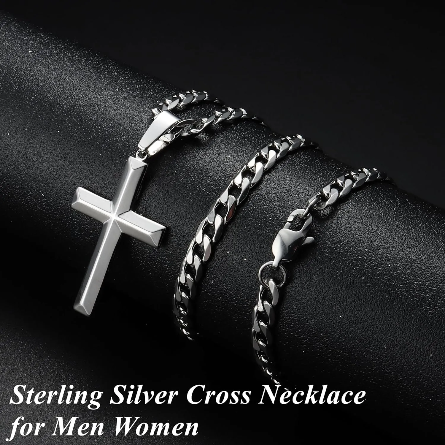 Fansilver 925 Sterling Silver Cross Pendant Necklace Diamond-Cut Cuban Link Chain Necklace Highly Polished Beveled Edge Cross Chain Necklace Silver Cross Necklace for Men Women 18-30 Inches