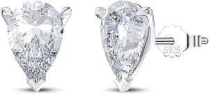 Faux Diamond Stud Earrings For Women 14k White Gold Plated Sterling Silver Cubic Zirconia Earring Studs for Her by Ginger Lyne 9x6mm 2.66 ct Princess Cut Pierced Hypoallergenic Minimalist Jewelry