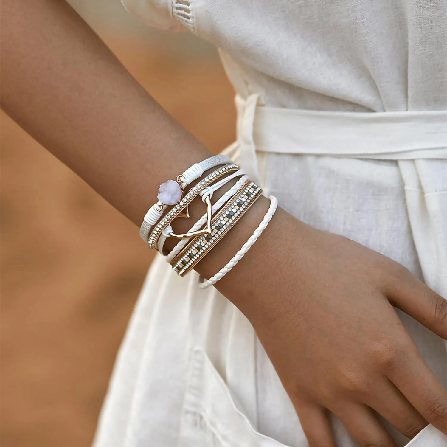 Fesciory Leopard Bracelet for Women, Boho Leather Wrap Multi-Layer Pearl Crystal Bracelet Bangle Jewelry