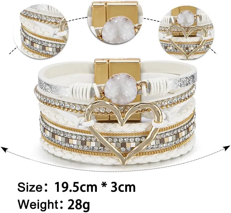 Fesciory Leopard Bracelet for Women, Boho Leather Wrap Multi-Layer Pearl Crystal Bracelet Bangle Jewelry