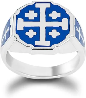 Fine Sterling Silver Blue Enamel Jerusalem Cross Shield Geometric Signet Ring