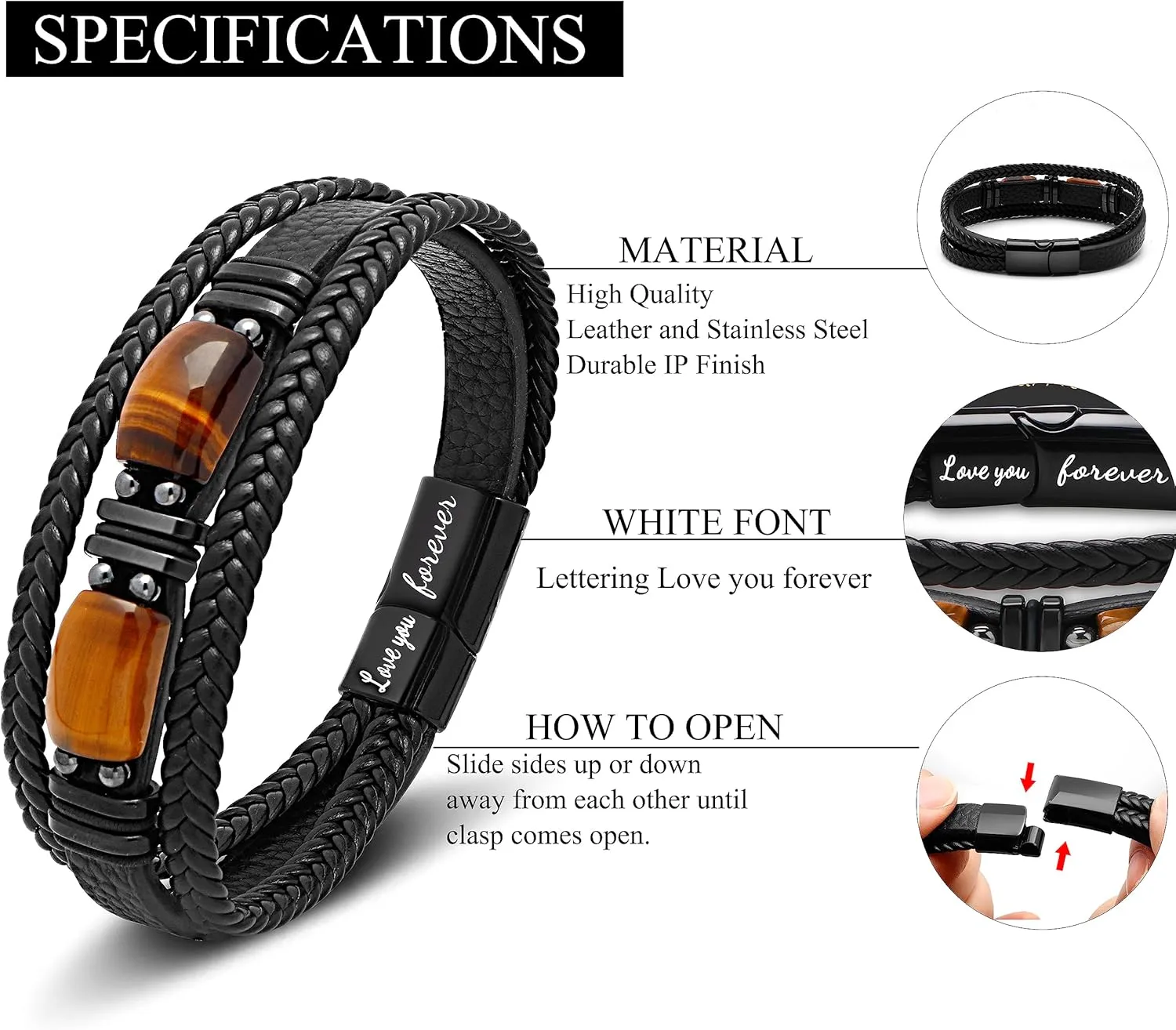  for Men     Dad Boyfriend Son Grandson Brother Love You Forever Tiger Eye Stone Father's Day Birthday Anniversary Christmas Black Jewelry 7.5/8.5/9 Inches