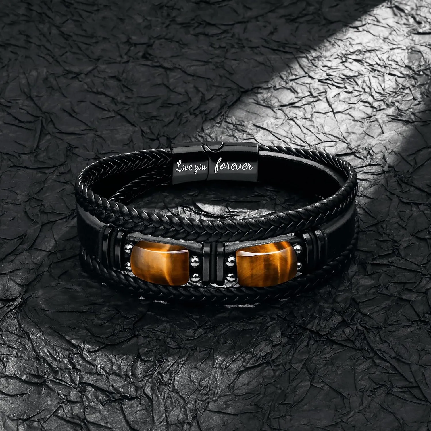   for Men     Dad Boyfriend Son Grandson Brother Love You Forever Tiger Eye Stone Father's Day Birthday Anniversary Christmas Black Jewelry 7.5/8.5/9 Inches