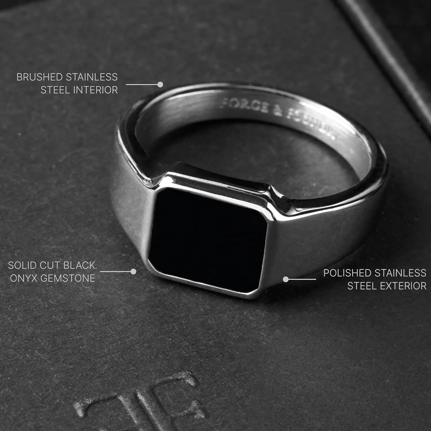 Forge & Foundry Men's Polished Stainless Steel and Onyx Gemstone Signet Ring | The Gentleman's Ring | Hand-Crafted Jewelry, Designed by Jewelers, Forged for Men