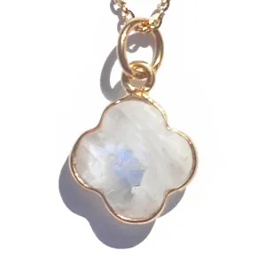 Genuine Rainbow Moonstone Clover Necklace, 18kt Gold Over Sterling Silver, Handcrafted Gifts for Women and Girls, Luck Four Leaf Pendant, 18 inches long (Rainbow-Moonstone-Gold)