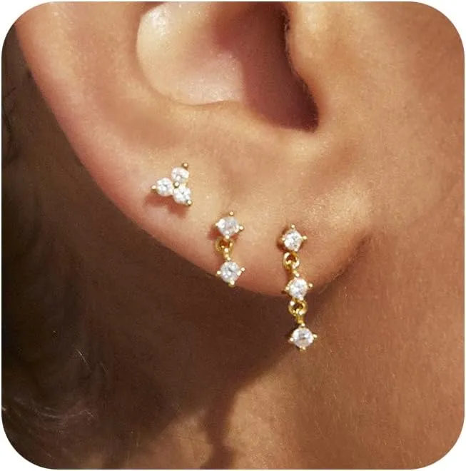 Gold Hoop Earrings for Women Trendy, Dainty Gold Stud Earrings 14K Gold Plated CZ Huggie Hoop Earrings Set Small Dangle Earrings Cute Cartilage Earring Sets for Multiple Piercing Jewelry Gifts