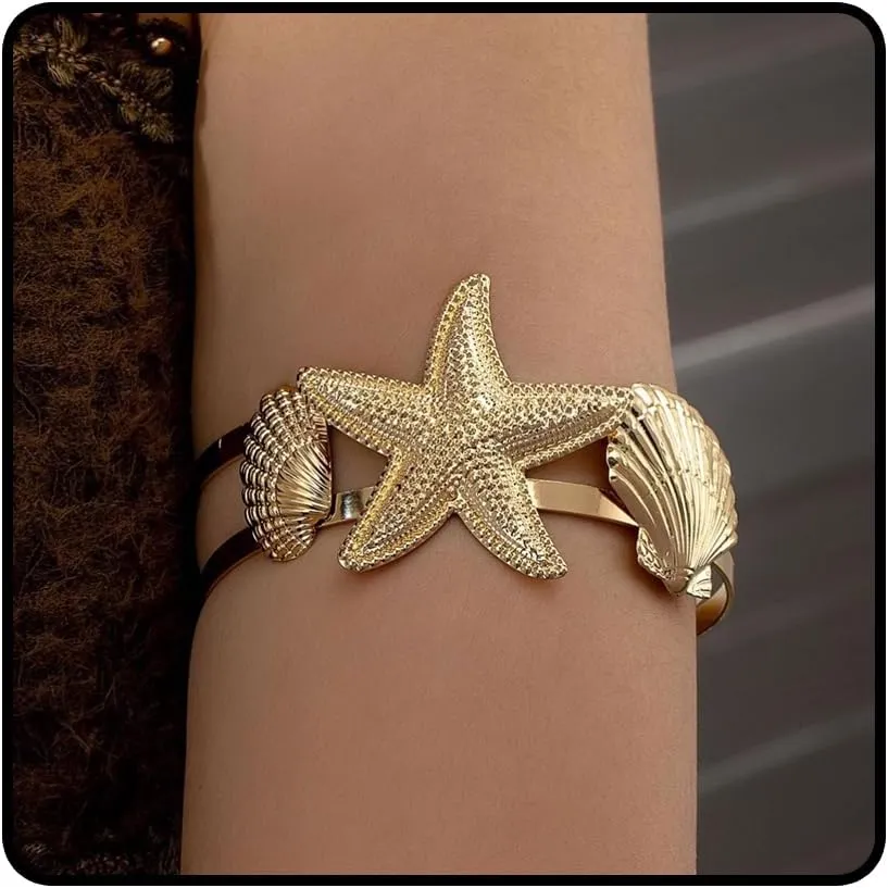 Gold Starfish Arm Cuff for Women Gold Arm Cuff Upper Arm Starfish Arm Bangle Bracelet Armband Armlet Adjustable Starfish Arm Cuff Summer Beach Jewelry Accessories