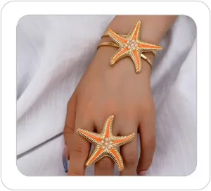 Gold Starfish Shell Ring Bracelet Cuff Arm Cuff 14K Gold Plated Adjustable Mermaids Starfish Shell Ring Bracelet Cuff Arm Cuff Set Summer Surf Ocean Mermaids Starfish Jewelry for Women