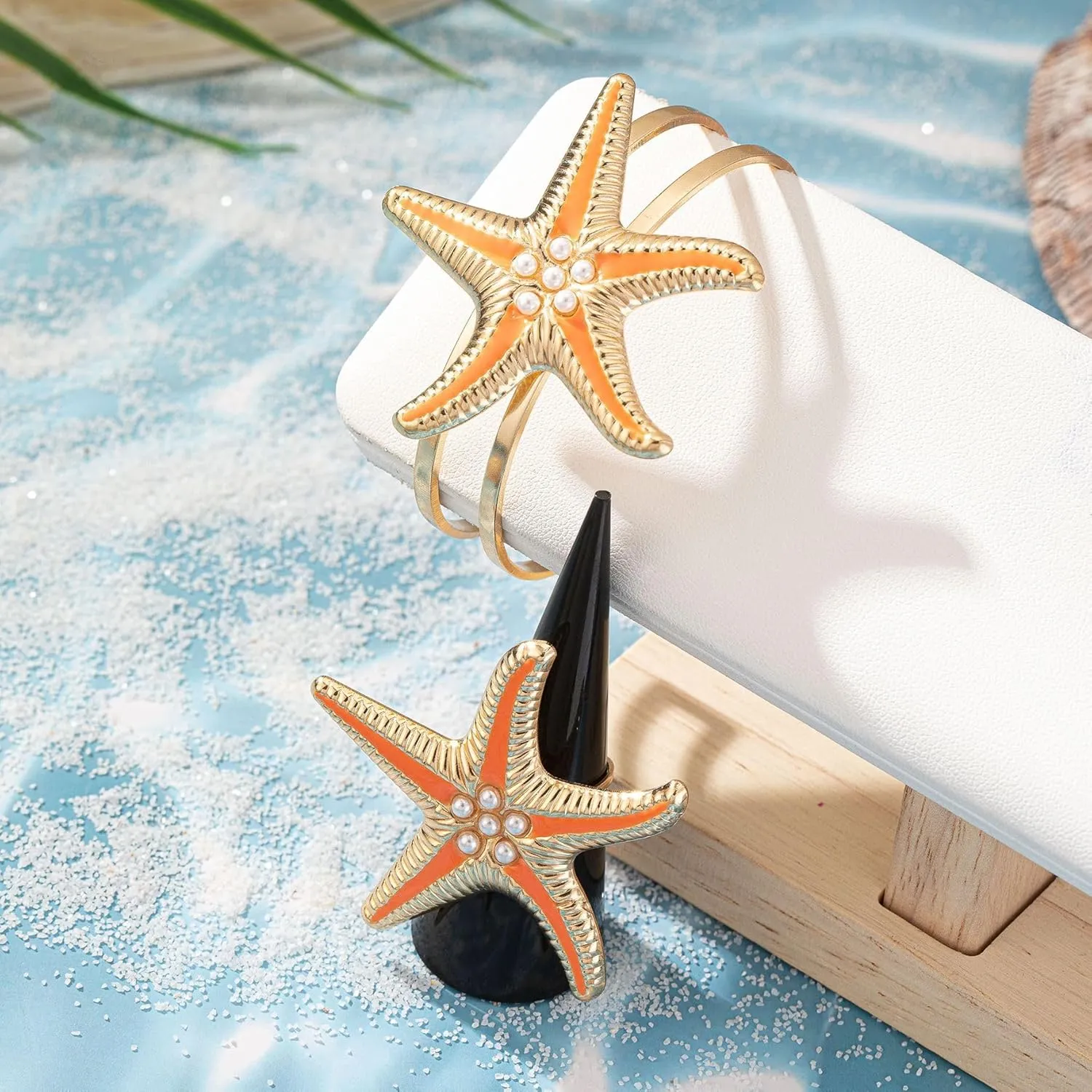 Gold Starfish Shell Ring Bracelet Cuff Arm Cuff 14K Gold Plated Adjustable Mermaids Starfish Shell Ring Bracelet Cuff Arm Cuff Set Summer Surf Ocean Mermaids Starfish Jewelry for Women