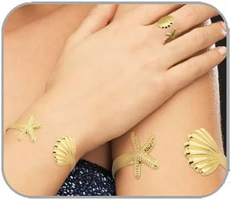 Gold Starfish Shell Ring Bracelet Cuff Arm Cuff 14K Gold Plated Adjustable Mermaids Starfish Shell Ring Bracelet Cuff Arm Cuff Set Summer Surf Ocean Mermaids Starfish Jewelry for Women