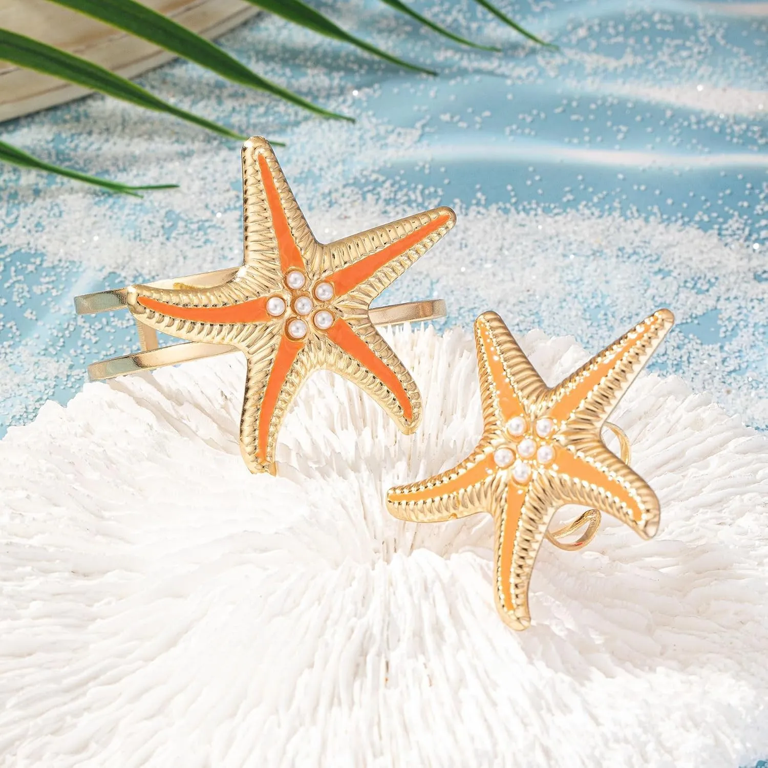 Gold Starfish Shell Ring Bracelet Cuff Arm Cuff 14K Gold Plated Adjustable Mermaids Starfish Shell Ring Bracelet Cuff Arm Cuff Set Summer Surf Ocean Mermaids Starfish Jewelry for Women