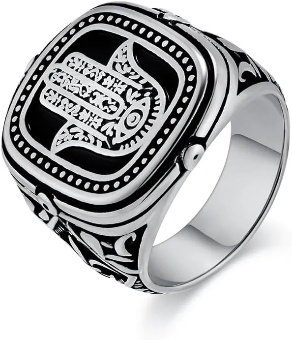 Hand of Fatima Signet Rings Hamsa Ring Stainless Steel Evil Eye Fatima Vintage Jewelry Protection Amulet Brings Lucky Signet Rings for Men Women Christmas Gift