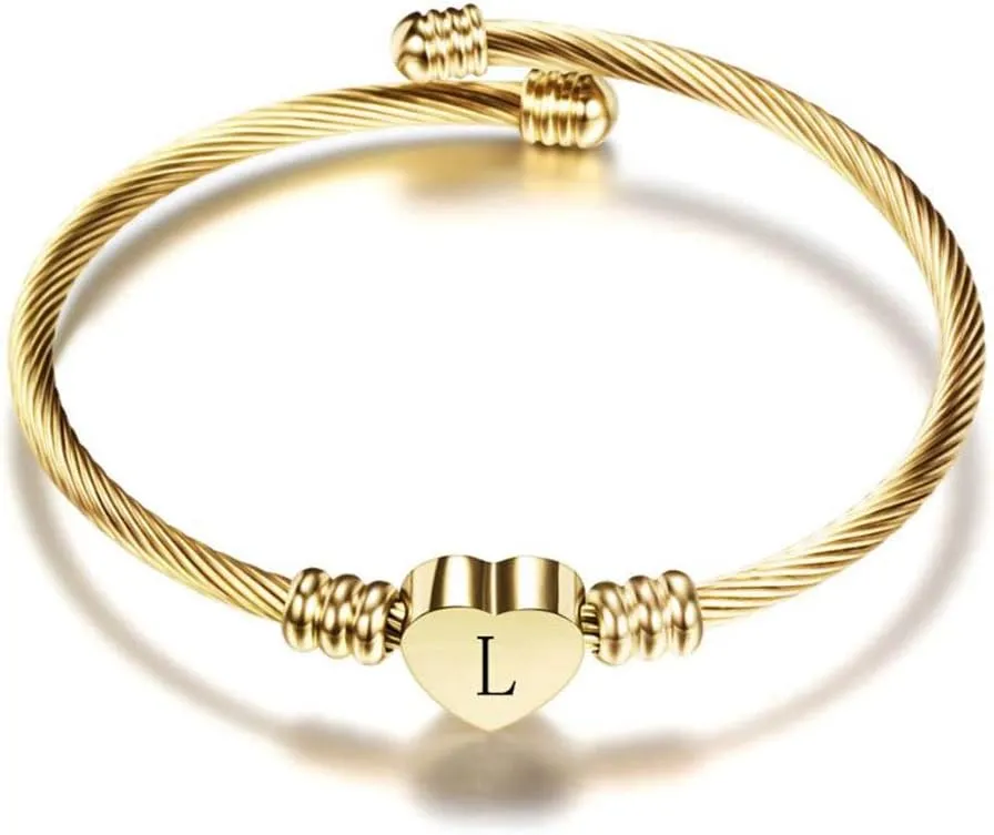 Initial Letter A to Z Gold Love Heart Bangle Cuff Bracelet for Women Alphabet Family Name Stainless Steel