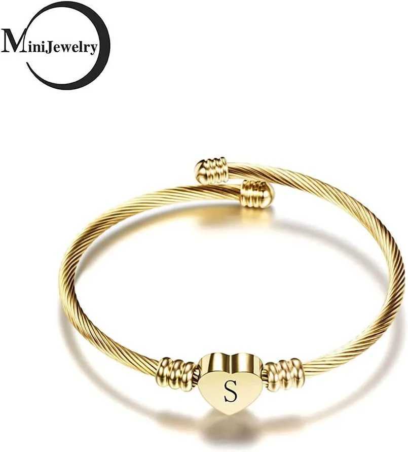 Initial Letter A to Z Gold Love Heart Bangle Cuff Bracelet for Women Alphabet Family Name Stainless Steel
