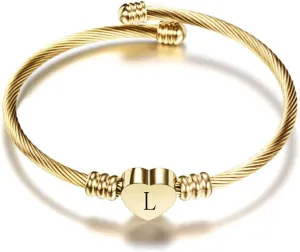 Initial Letter A to Z Gold Love Heart Bangle Cuff Bracelet for Women Alphabet Family Name Stainless Steel