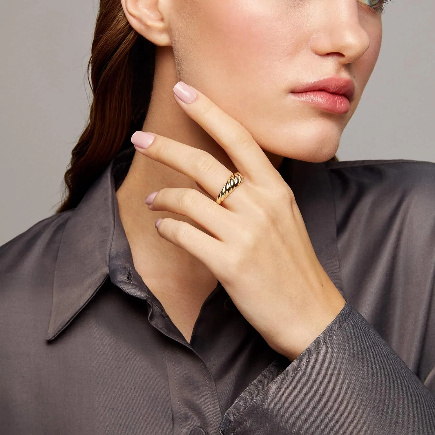 JINEAR 18k Gold Plated Croissant Braided Twisted Signet Chunky Dome Ring Stacking Star Band for Women and Men Statement Wedding Ring Minimalist Jewelry Size 5 to 10