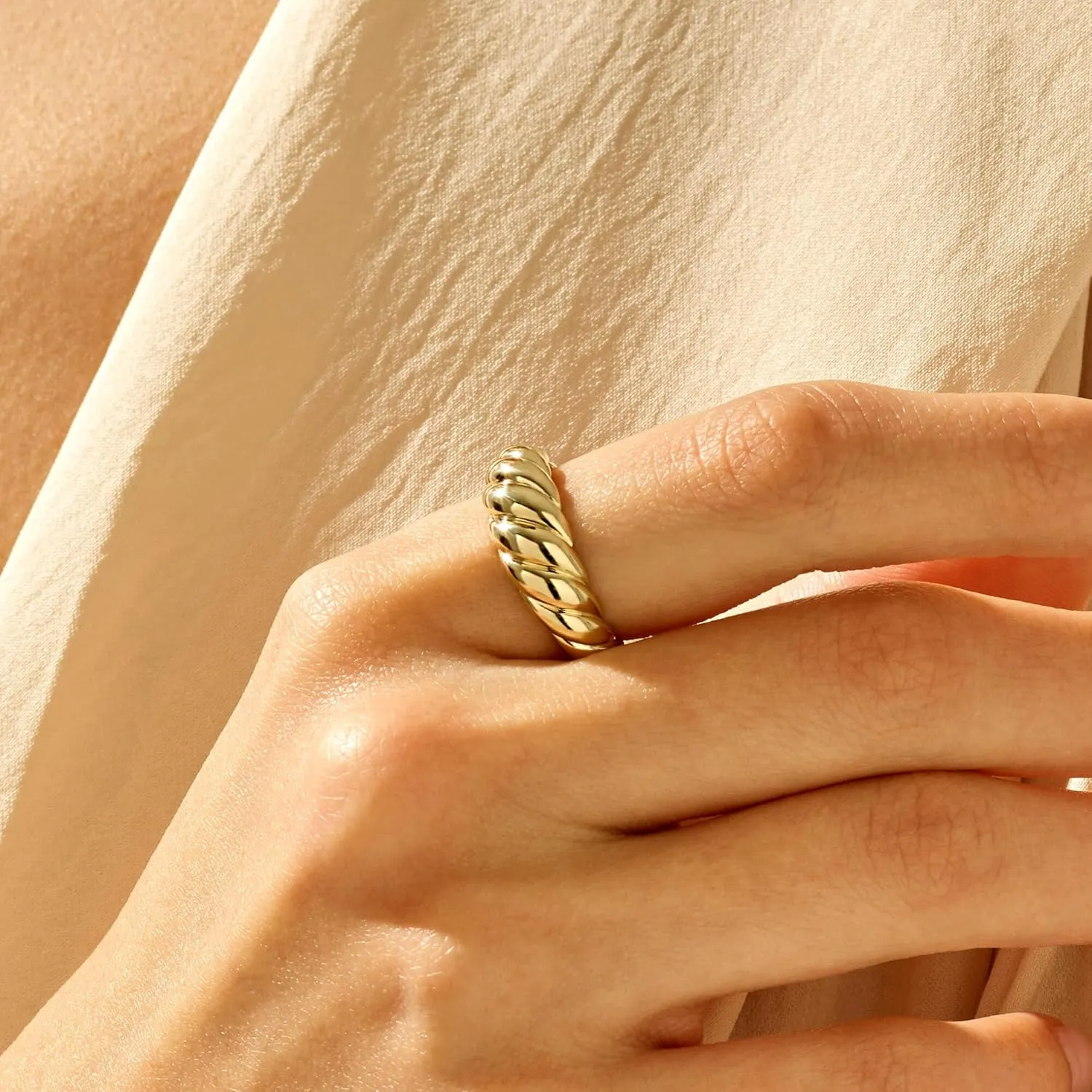 JINEAR 18k Gold Plated Croissant Braided Twisted Signet Chunky Dome Ring Stacking Star Band for Women and Men Statement Wedding Ring Minimalist Jewelry Size 5 to 10