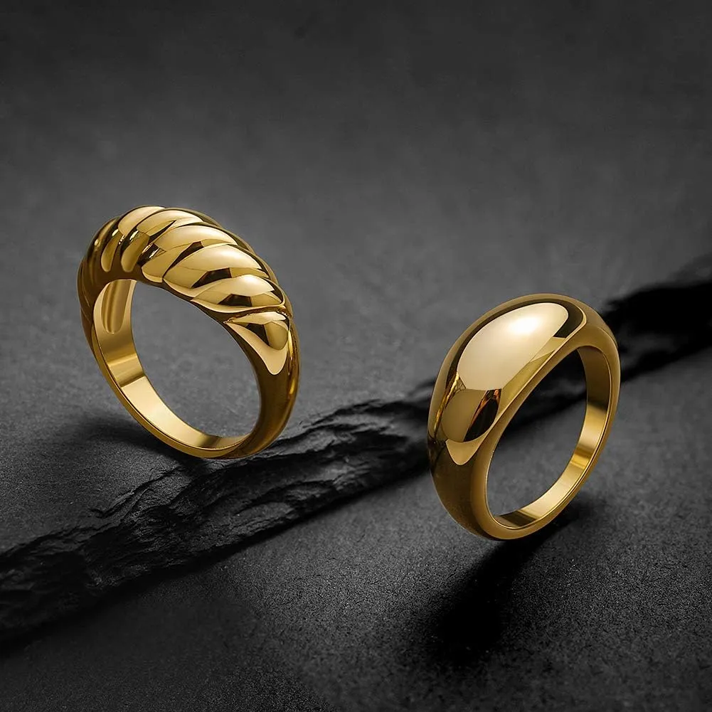 JINEAR 18k Gold Plated Croissant Braided Twisted Signet Chunky Dome Ring Stacking Star Band for Women and Men Statement Wedding Ring Minimalist Jewelry Size 5 to 10