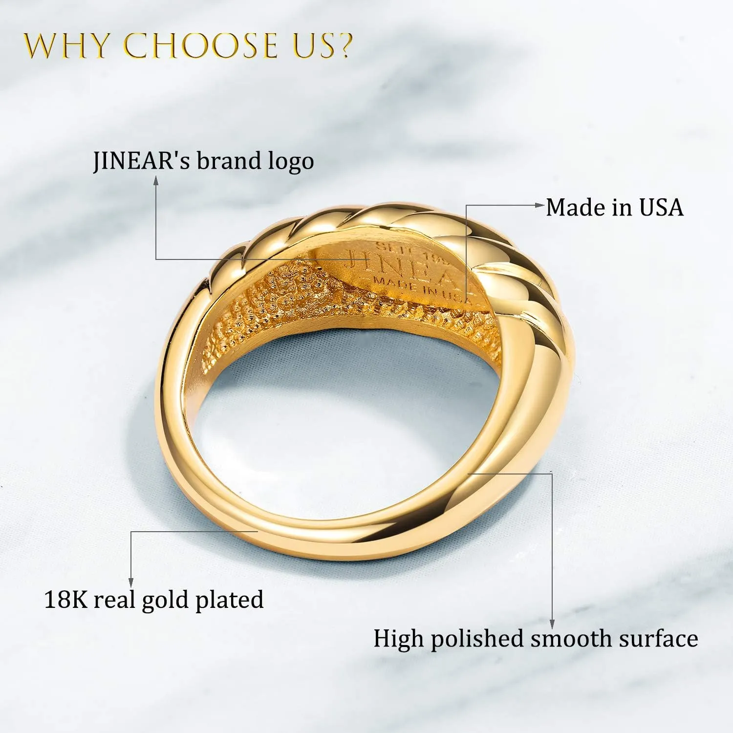 JINEAR 18k Gold Plated Croissant Braided Twisted Signet Chunky Dome Ring Stacking Star Band for Women and Men Statement Wedding Ring Minimalist Jewelry Size 5 to 10