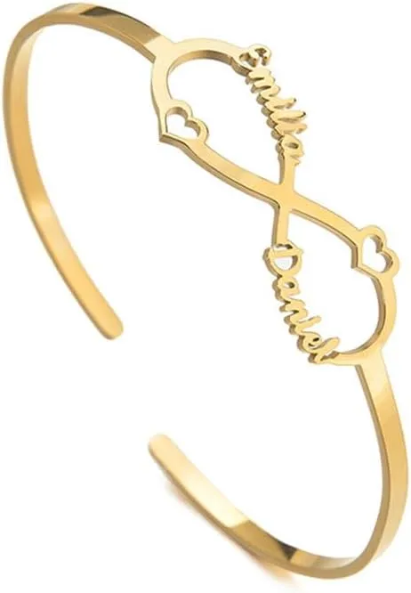 JINMA Personalized Infinity Name Bracelet  Custom Engraved Bangle with 1-6 Names, Adjustable Open Cuff Bracelet for Women, Gold/Silver/Rose Gold Jewelry