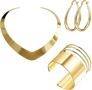 KURTCB Statement Princess Jewelry Set Gold Choker Necklace Wide Arm Cuff Band Bracelet Teardrop Hoop Earrings Halloween Jasmine Costume Set for Women Cosplay Party Gift