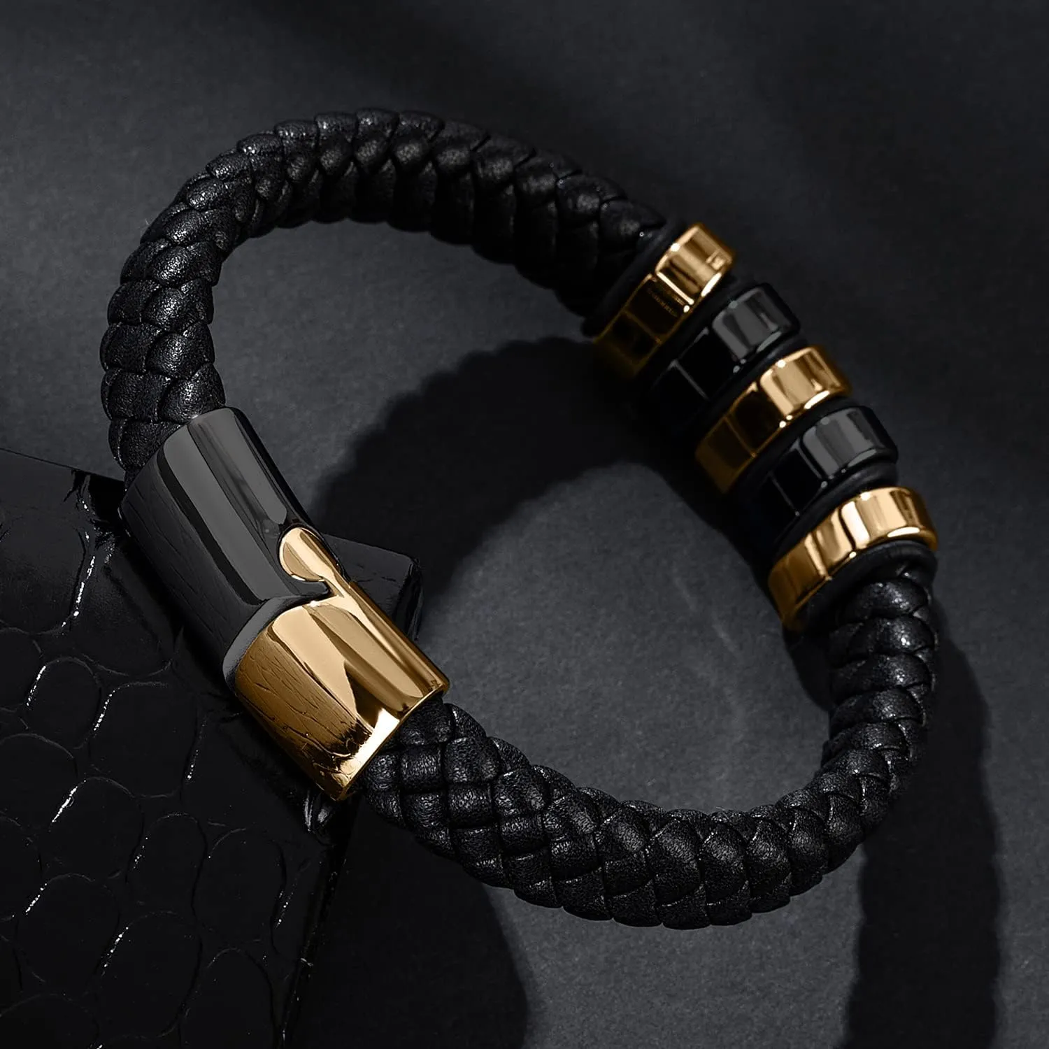 Leather Bracelet for Men Braided Cuff Wristband Stainless Steel Clasp in Silver and Gold Jewellery Gift