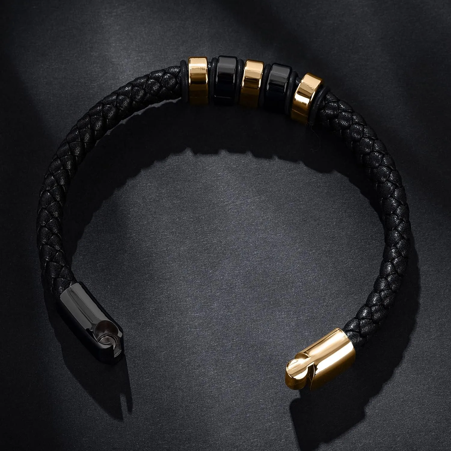 Leather Bracelet for Men Braided Cuff Wristband Stainless Steel Clasp in Silver and Gold Jewellery Gift