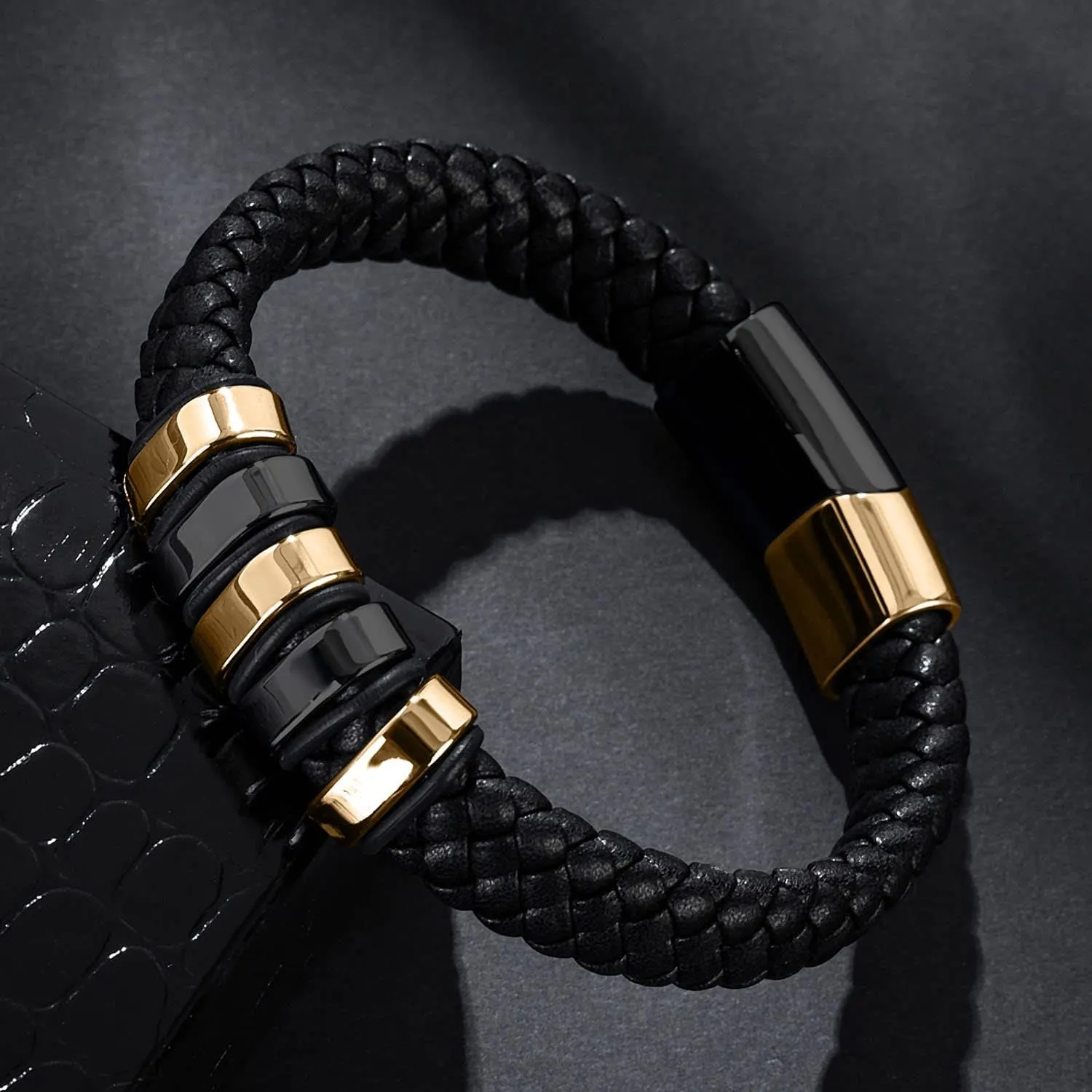 Leather Bracelet for Men Braided Cuff Wristband Stainless Steel Clasp in Silver and Gold Jewellery Gift