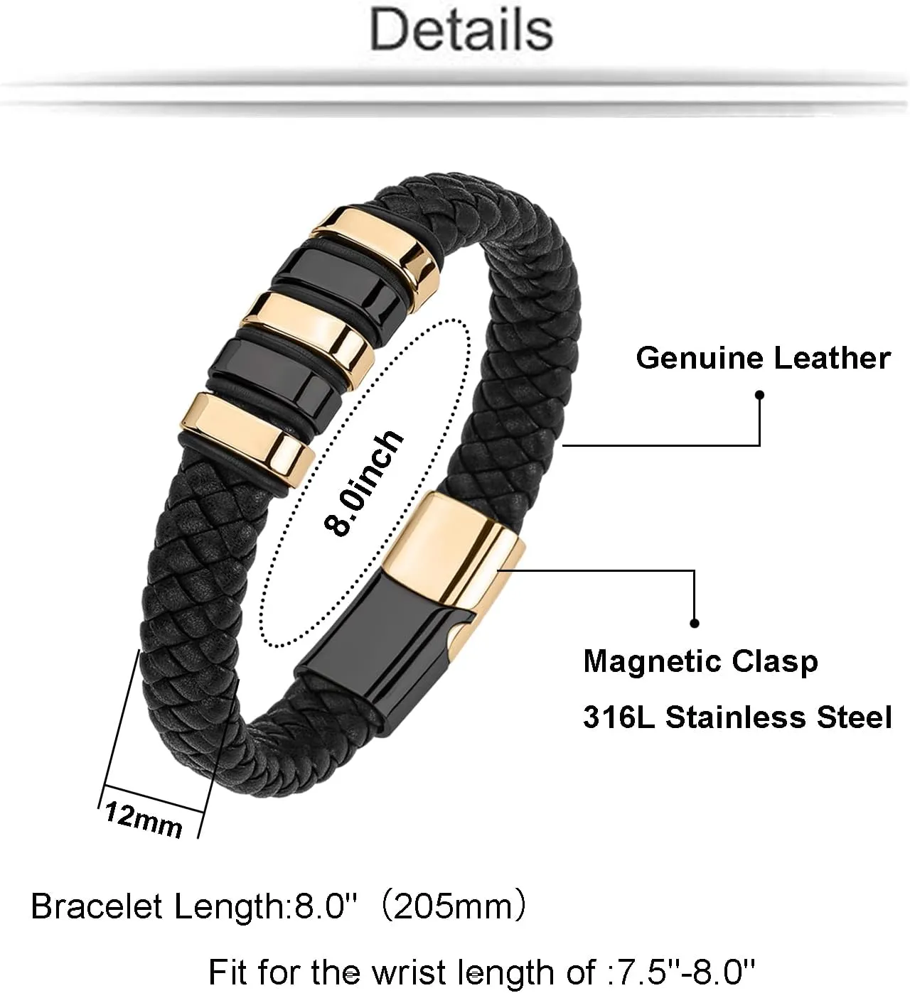 Leather Bracelet for Men Braided Cuff Wristband Stainless Steel Clasp in Silver and Gold Jewellery Gift